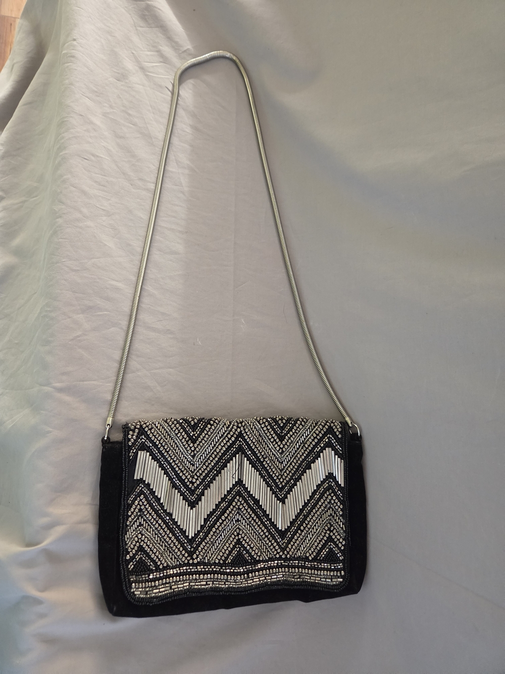 Embellished Black Gelvet Beaded Chevron Crossbody By H&M